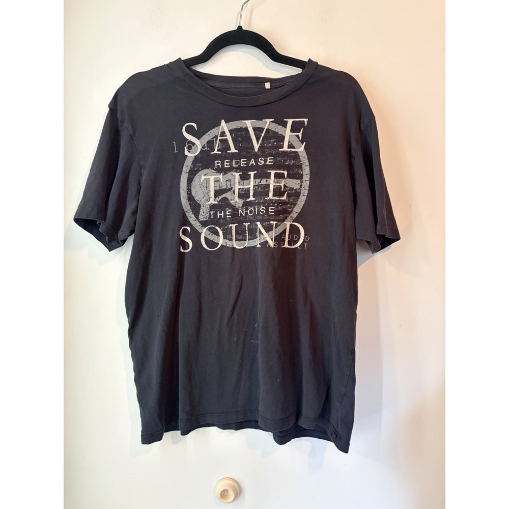 Guess Graphic Tee Mens L Save the Sound Distressed Band Style‎ Y2K Black